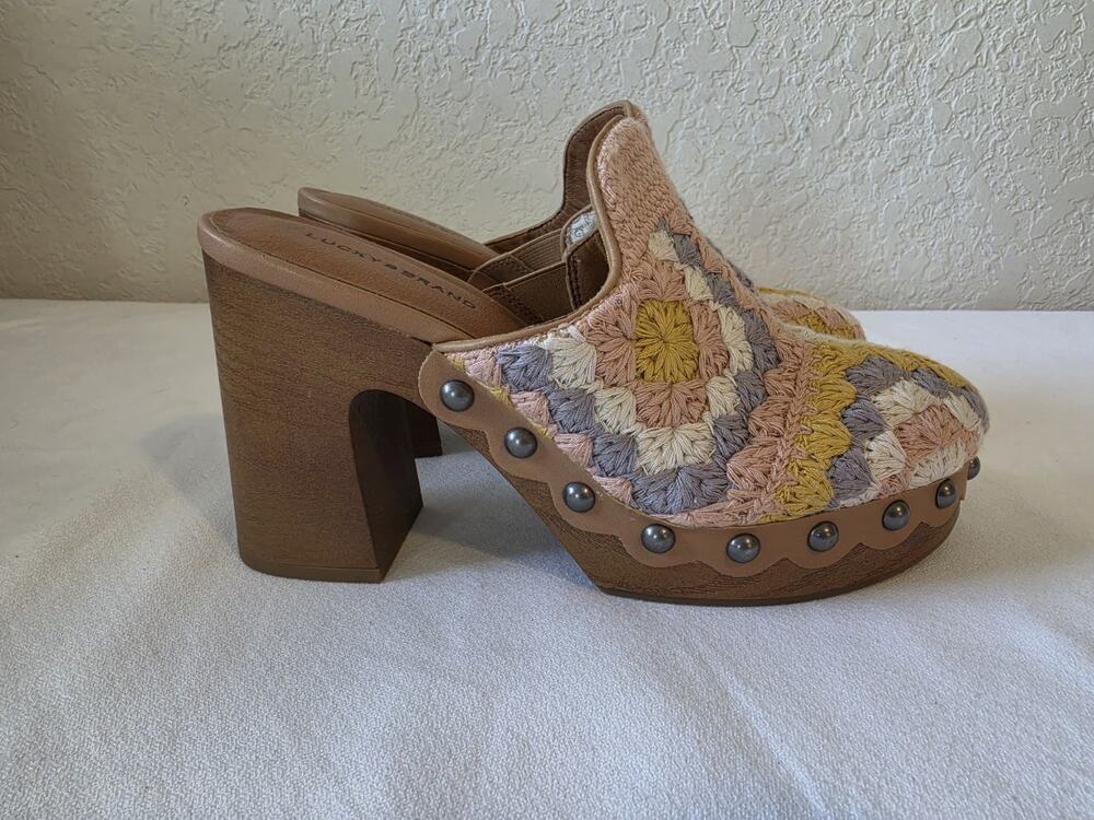 Lucky Brand Women's 9M Crochet Platform Clogs Mules Boho Granny Square Heels
